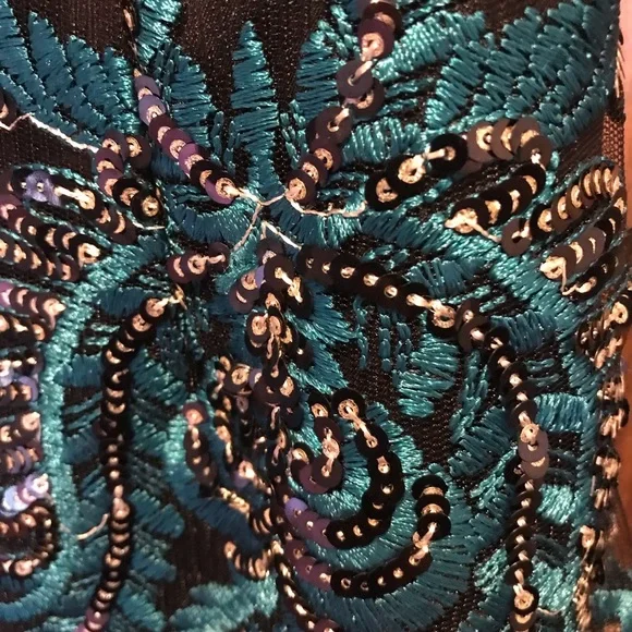 Elle Zeitoune Midi Beaded Evening Dress with Fringe Blue Green Black Gown Size 6 - Picture 4 of 6